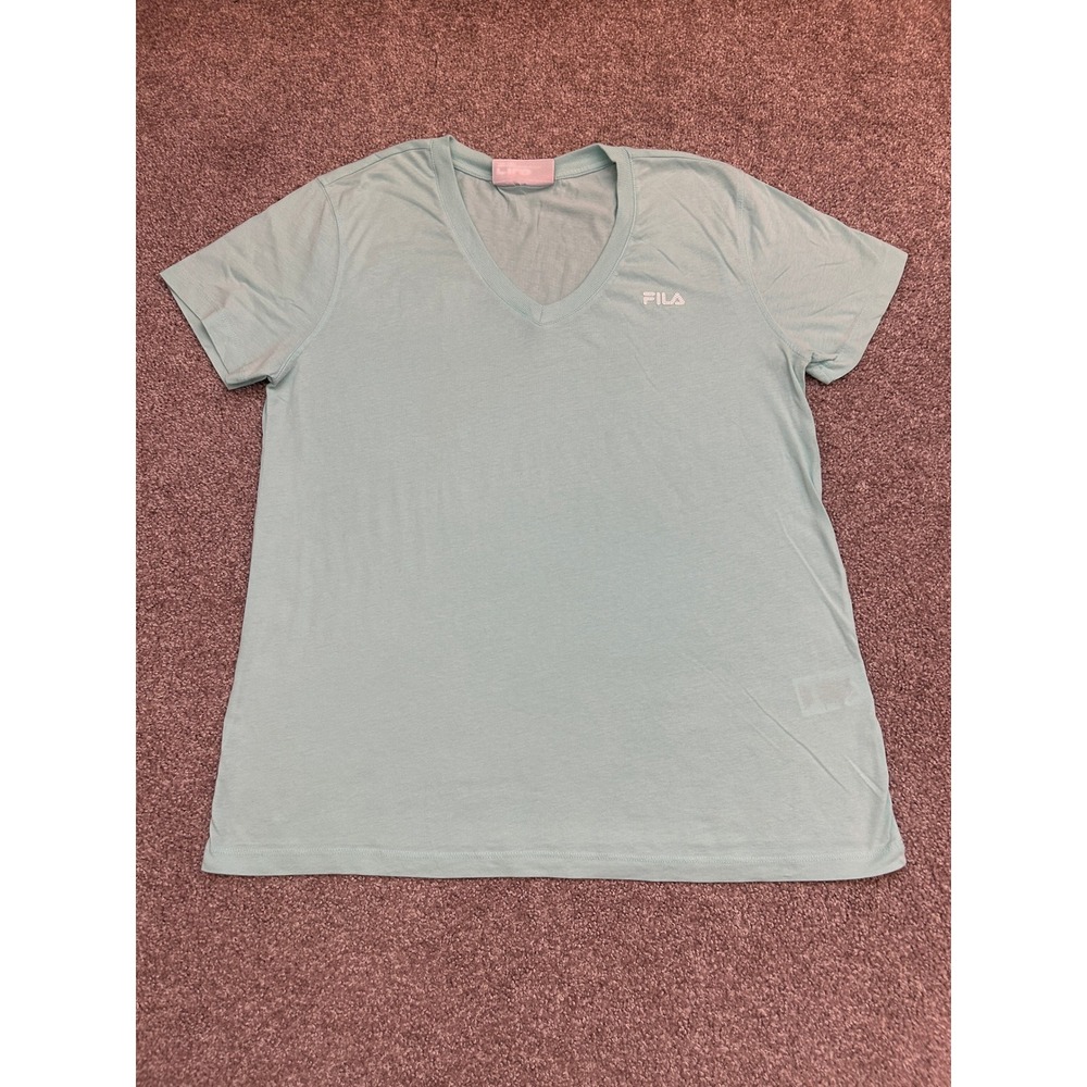 Fila T-Shirt Womens Large Aqua Blue Excellent V-Neck Short Sleeve Cotton Tee
